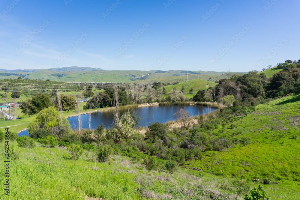 Man made pond on the hills of Santa Teresa park at a golf course, San Jose, south San Francisco bay area, California