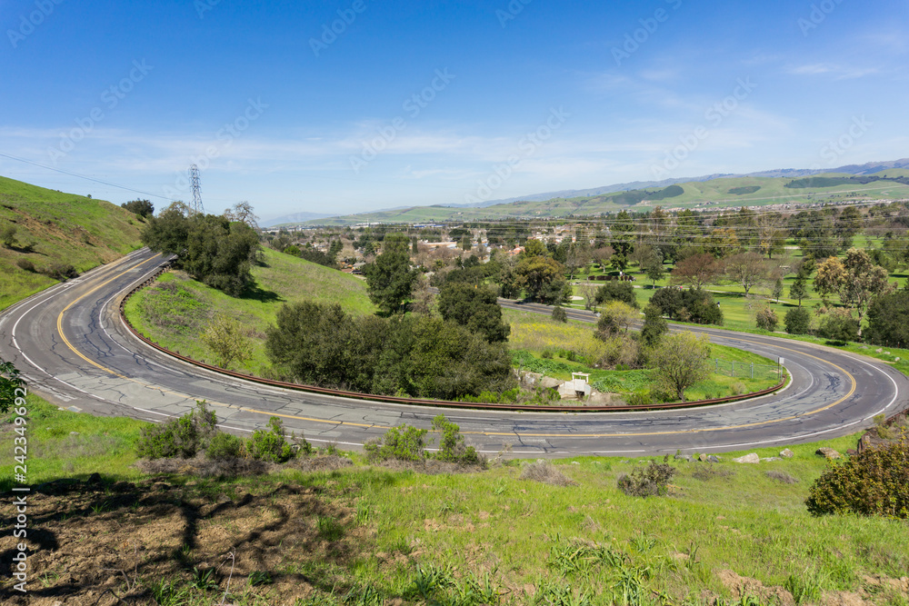 Winding paved road in Santa Teresa park, San Jose, Santa Clara county, California