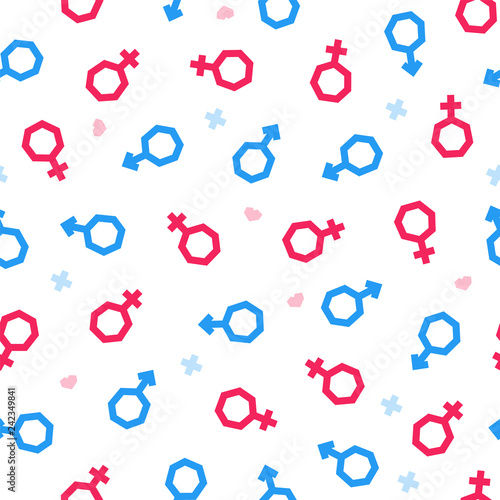 Male and female symbols - seamless pattern. White Background. Vector EPS10