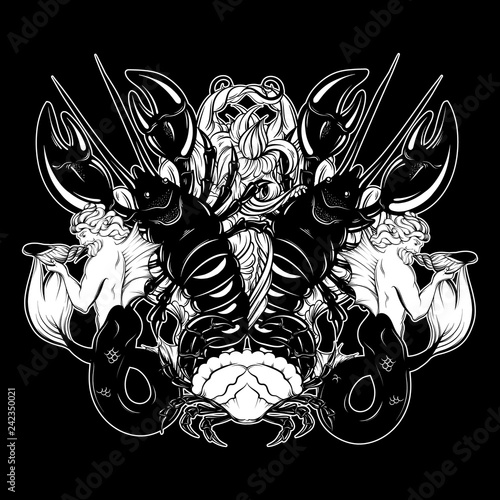 Vector hand drawn illustration of triton , lobster,  crab in realistic line style. Mythology artwork. Tattoo art with symmetric composition. Template for card poster bannerprint for t-shirt.
