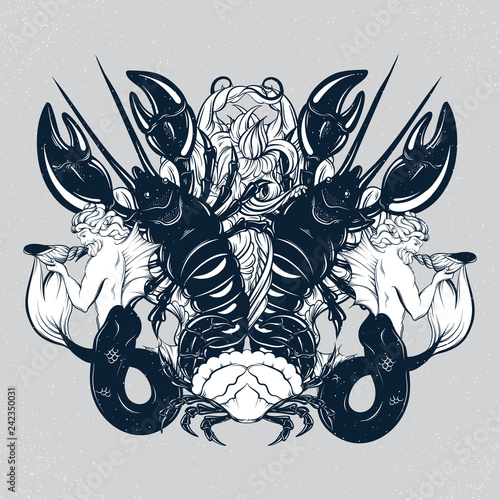 Vector hand drawn illustration of triton , lobster,  crab in realistic line style. Mythology artwork. Tattoo art with symmetric composition. Template for card poster bannerprint for t-shirt.