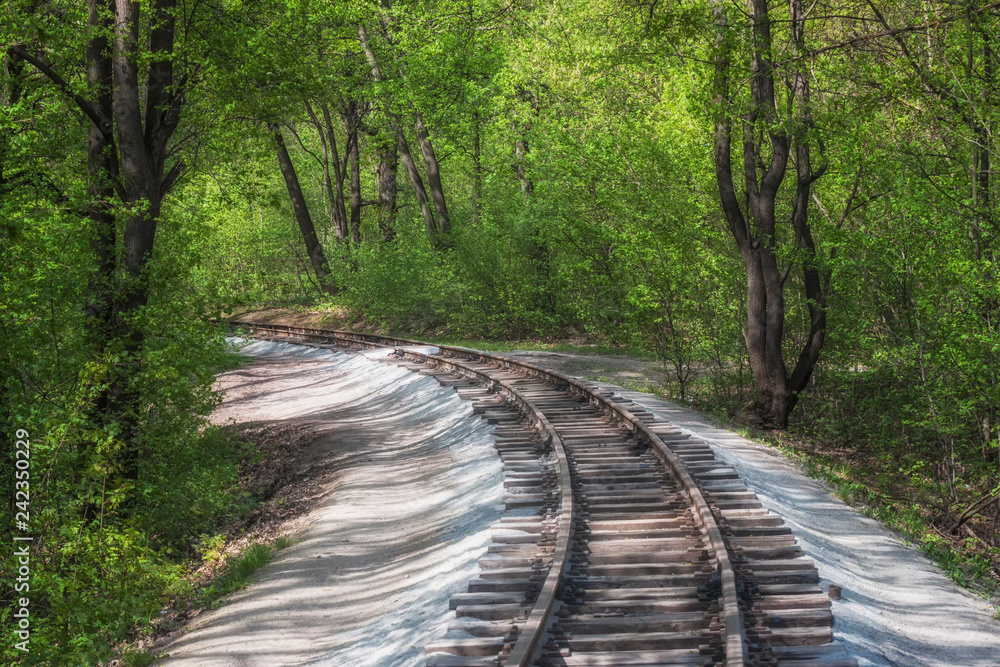 Railroad single track through the woods in spring. Bright green fresh spring landscape. Railroad single track through the woods in spring. Bright green fresh spring landscape.