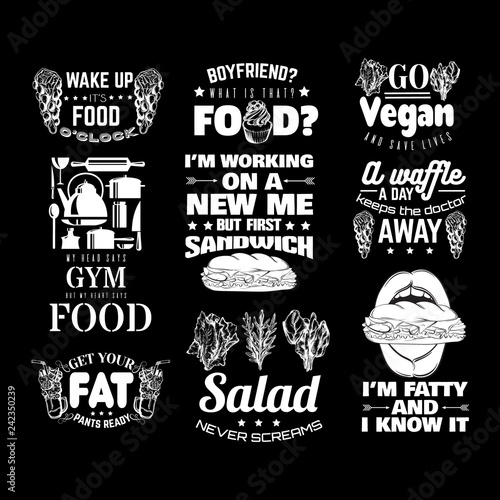 Vector collection of quote typographical background about food with illustration of salad, rabbits, kitchen stuff, mouth with sandwich. Template for card, poster, banner, print for t-shirt.