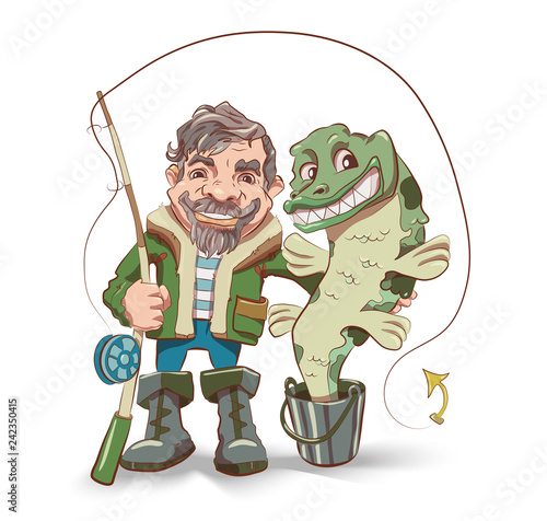 Happy fisherman cartoon character. Fishmen holding fishing rod with caught fish. Illustration on white background. Big Pike in a bucket. photo