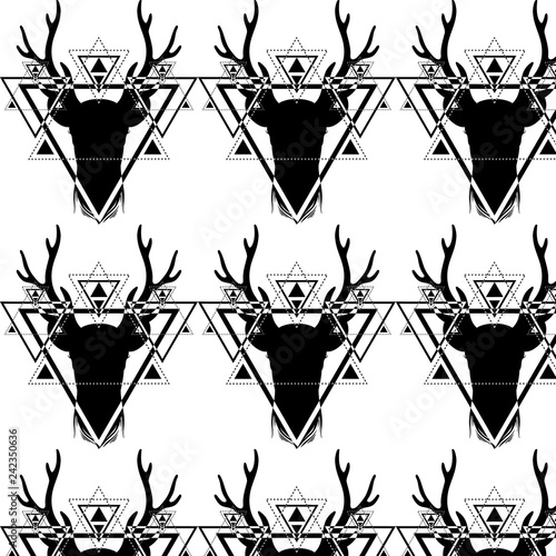 Pattern with hand drawn beautiful  deer. Illustration of deer's  portriat.   Template for card, poster, banner, print for t-shirt.