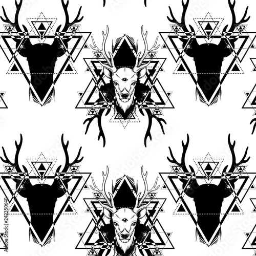 Pattern with hand drawn beautiful  deer and silhouette of deer. Illustration of deer's  portriat with three eyes.   Template for card, poster, banner, print for t-shirt.