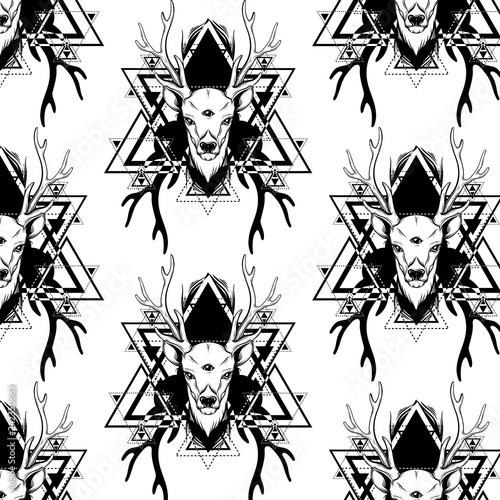 Pattern with hand drawn beautiful  deer. Illustration of deer's  portriat.   Template for card, poster, banner, print for t-shirt.