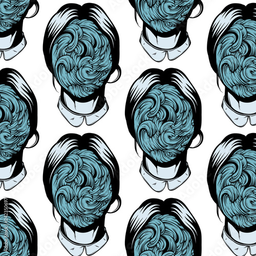 Vector pattern with  illustration of weird young girl with sea waves instead face made in hand drawn style. Graphic Noir artwork. Character design. Template for card poster banner print for t-shirt.