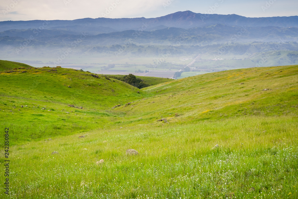 Obraz premium View towards the valley and the Loma Prieta peak from the hills of Coyote Ridge, San Jose, south San Francisco bay, California