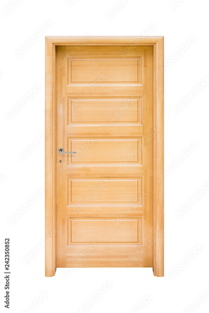Naklejka Na białym tle nowoczesne, drewniane drzwi pokoju