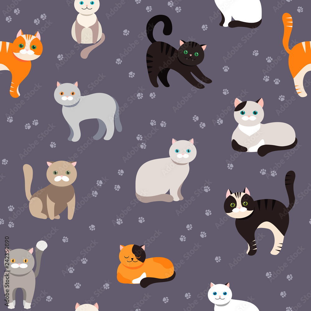 Cat background, seamless pattern. Vector flat illustration. Kitty, Pets.