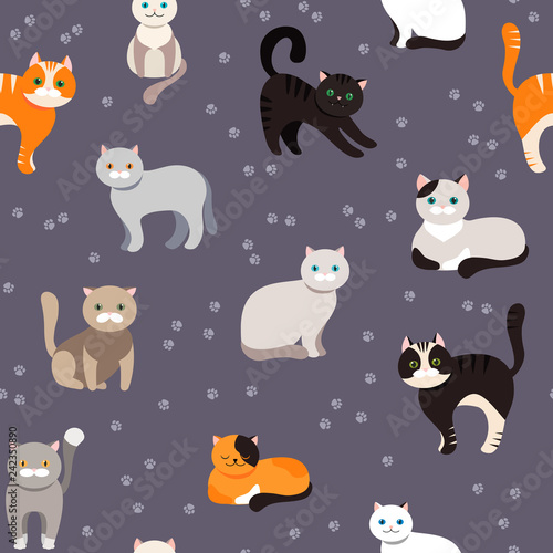 Cat background  seamless pattern. Vector flat illustration. Kitty  Pets.