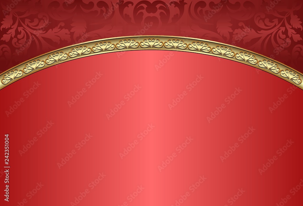 red background with floral pattern and golden ornaments