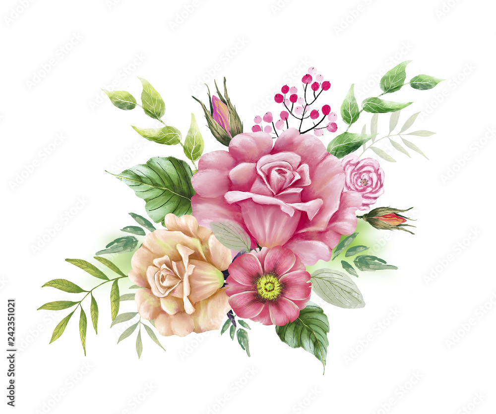 drawing a bouquet of pink flowers, roses with leaves