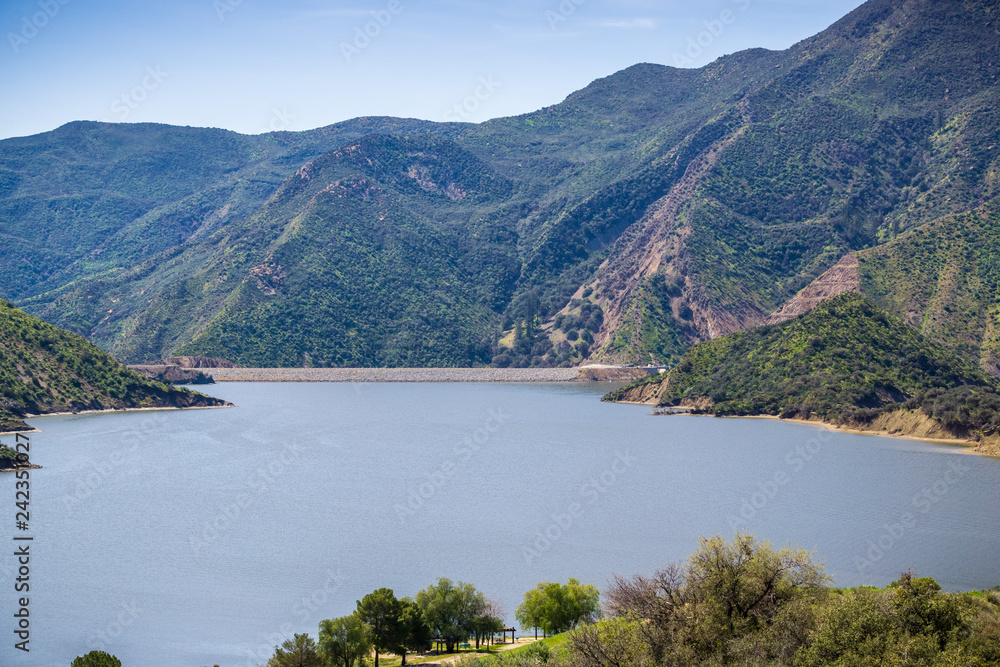 Pyramid Lake Landscape as seen from Vista del Lago rest area on I5, Los Angeles County, California