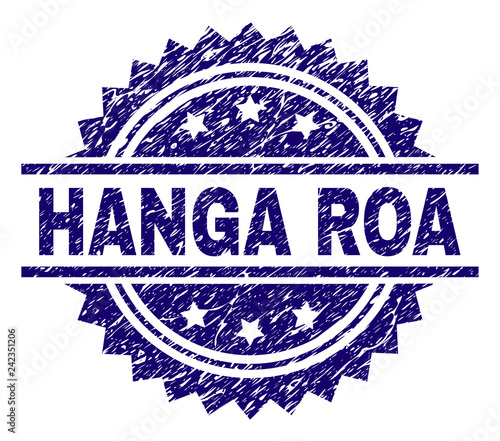 HANGA ROA stamp seal watermark with distress style. Blue vector rubber print of HANGA ROA text with dirty texture.