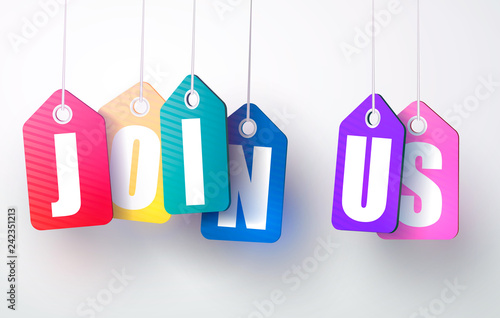 Vector colorful hanging cardboard. Tags - join us. Vector illustration