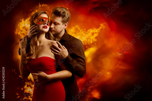 Couple Hot Flaming Kiss Man in Love Kissing Seductive Dreaming