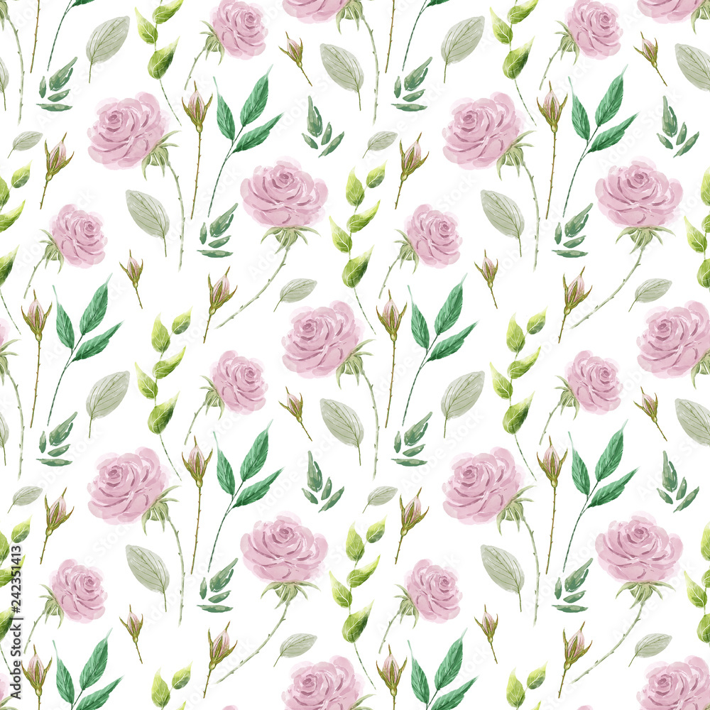 seamless background of the drawings of flowers, roses and leaves. pattern pink flowers buds