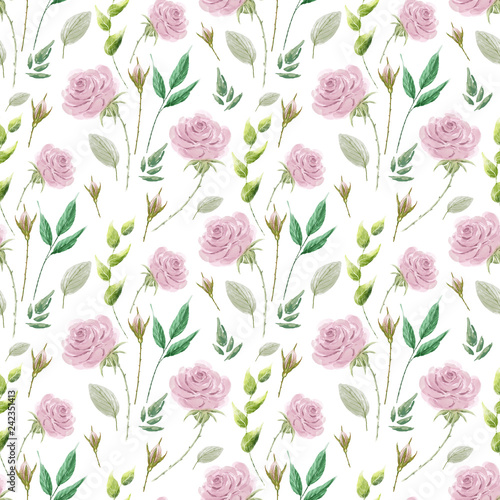 seamless background of the drawings of flowers, roses and leaves. pattern pink flowers buds © Lana