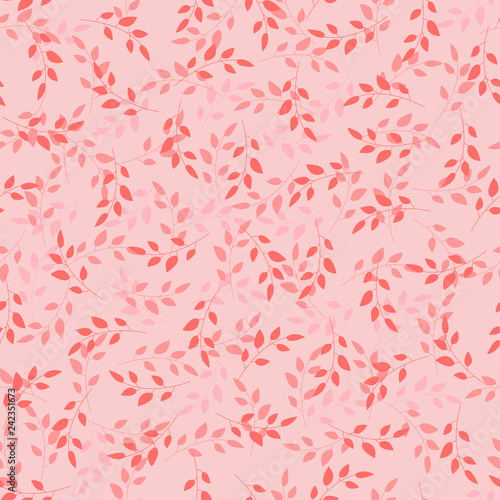 Illustration of sprigs arranged irregularly in shades of red and pink. Stylish repeating graphic pattern with plant silhouettes. Vector seamless pattern great for fabric. Surface repeat design.