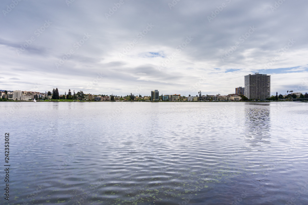 The Shoreline of Lake Merritt on a cloudy day, Oakland, San Francisco bay area, California