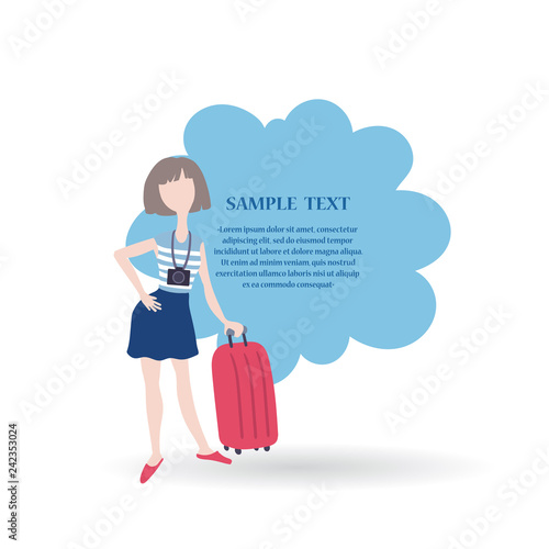 Colored decorative cover with woman and luggage on white background.Flat style illustration for use in design