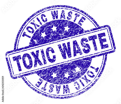 TOXIC WASTE stamp seal imprint with grunge texture. Designed with rounded rectangles and circles. Blue vector rubber print of TOXIC WASTE tag with unclean texture.