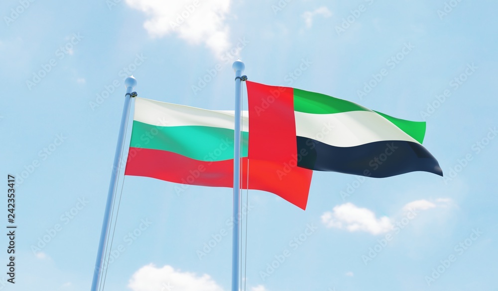 UAE and Bulgaria, two flags waving against blue sky. 3d image UAE and Bulgaria, two flags waving against blue sky. 3d image