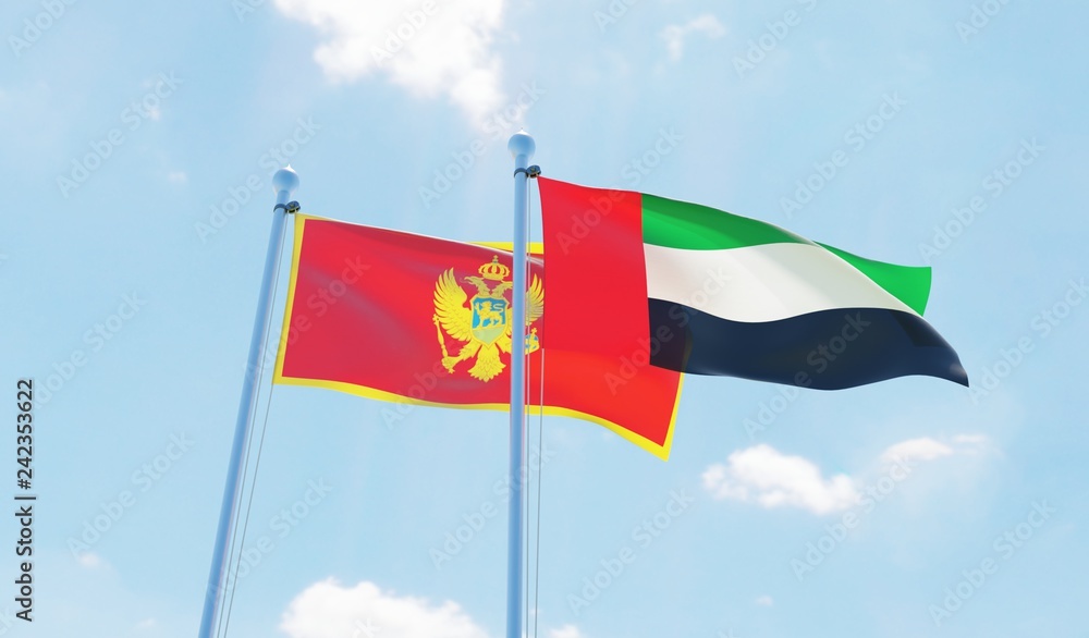 UAE and Montenegro, two flags waving against blue sky. 3d image UAE and Montenegro, two flags waving against blue sky. 3d image