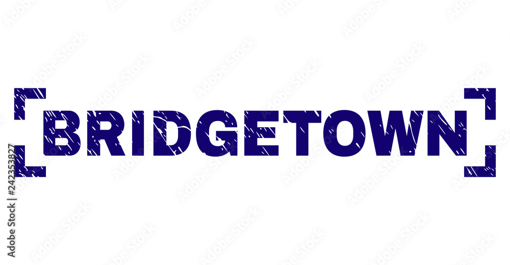 BRIDGETOWN label seal stamp with distress texture. Text label is placed between corners. Blue vector rubber print of BRIDGETOWN with retro texture.