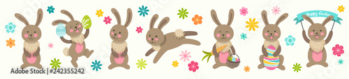 Set of cute Easter cartoon characters rabbits and design elements flowers. Easter brown bunny and flowers. Vector illustration