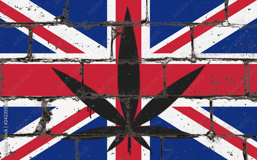 Fototapeta premium Graffiti street art spray drawing on stencil. Cannabis leaf on brick wall with flag United Kingdom