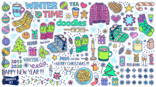 Winter doodles set. New Year. Christmas. Winter holidays patch badges. New Year stickers. Cozy home sketch. Hygge lifestyle. Snowflakes. Christmas tree balls.