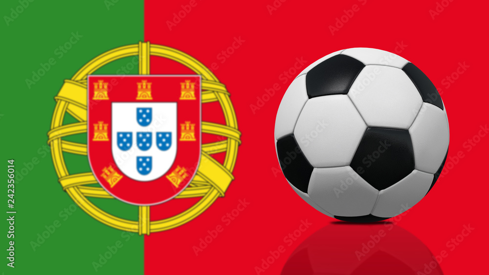 Obraz premium Realistic soccer ball on Portugal flag background.