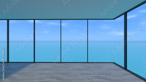 Interior of white room with bright clear sky and sea.