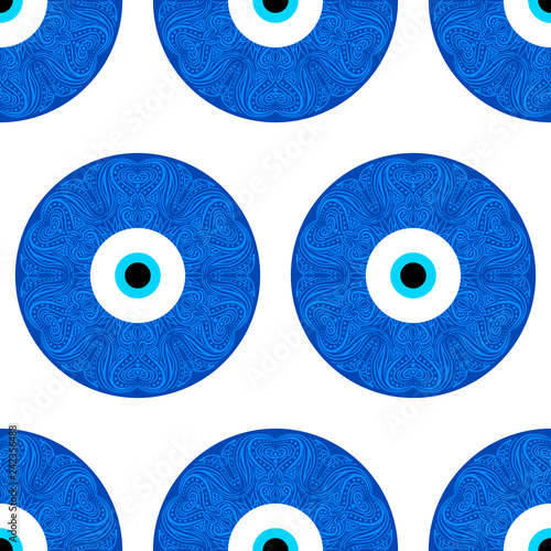 Seamless pattern with Turkish evil eye bead. Good luck. Turkish tile. Oriental ottoman design vector background. Perfect for wallpapers, pattern fills, web page backgrounds, surface textures, textile