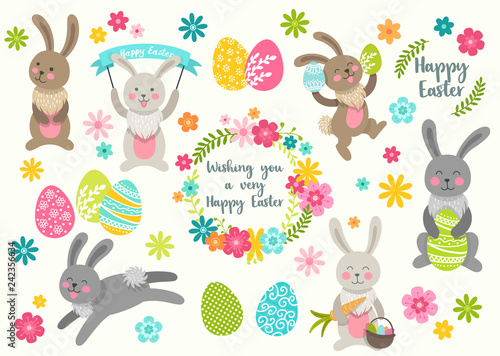 Set of cute Easter cartoon characters rabbits and design elements flowers. Easter bunny, eggs and flowers. Vector illustration