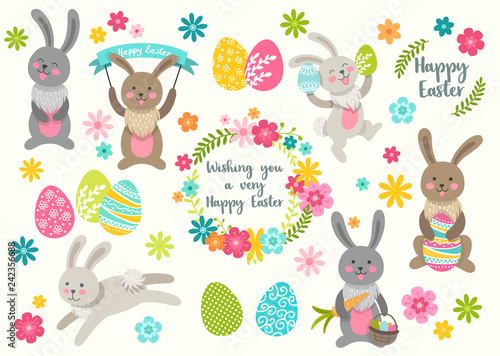 Set of cute Easter cartoon characters rabbits and design elements flowers. Easter bunny, eggs and flowers. Vector illustration