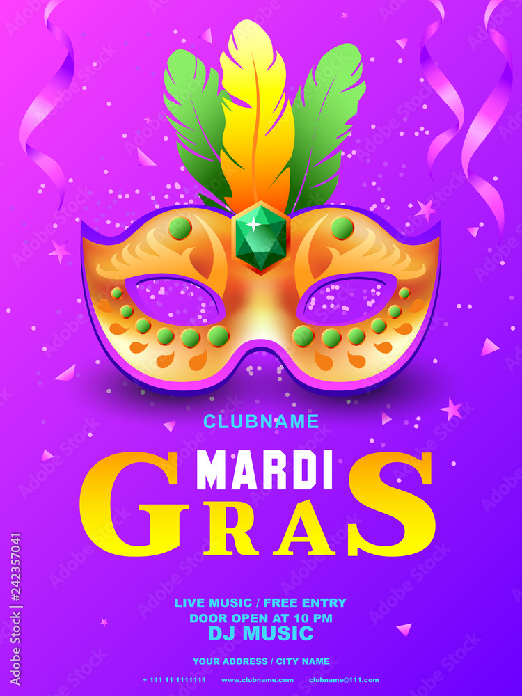 Mardi gras or carnivale mask with feathers. Beautiful Mardi gras concept design for poster, greeting card, party invitation, banner or flyer. Vector Illustration. Mardi gras background