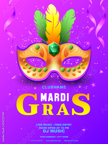Mardi gras or carnivale mask with feathers. Beautiful Mardi gras concept design for poster, greeting card, party invitation, banner or flyer. Vector Illustration. Mardi gras background