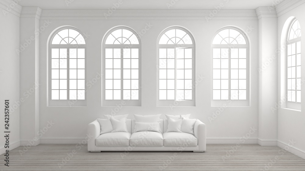 Room of interior with white wall, wooden floor, arched windows and a sofa with bright light outside. Concept of new planning home, start to moving in or mock up room for your product. 3d illustration. Room of interior with white wall, wooden floor, arched windows and a sofa with bright light outside. Concept of new planning home, start to moving in or mock up room for your product. 3d illustration.