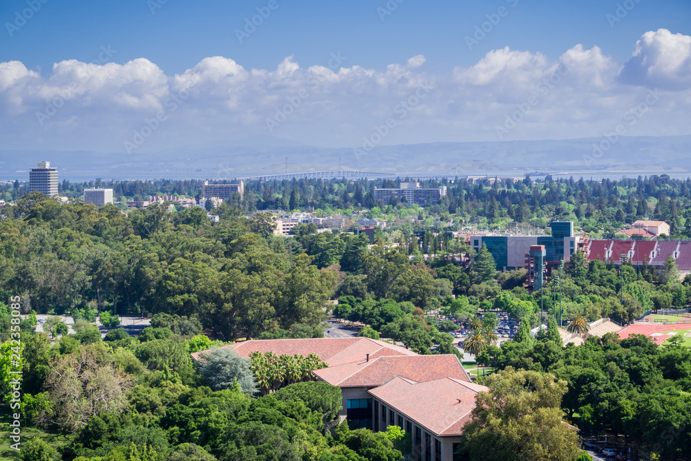 Fototapeta premium View towards Stanford campus, Palo Alto and Menlo Park, Dumbarton bridge and San Francisco bay