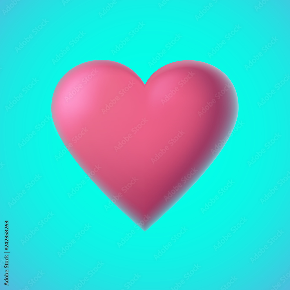 Red heart illustration on minty green background for Valentine's day. Vector illustration in 3D style for cards, background, banners, posters, wallpapers, web and print designs for romantic occasions.