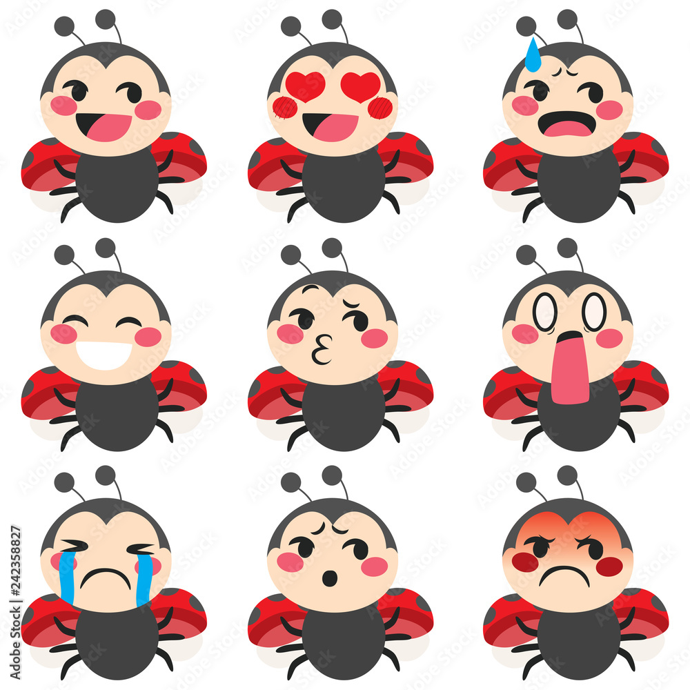 Naklejka premium Zestaw uroczej biedronki maskotka emoji różnych wyrazów twarzy