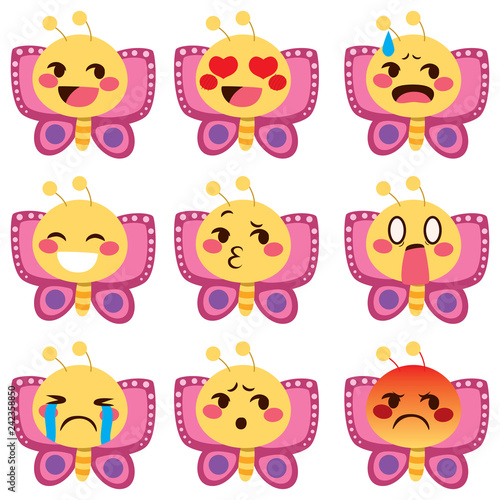 Set of cute butterfly mascot emoji different face expressions