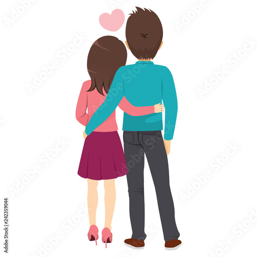 Back view of young couple hugging together in love