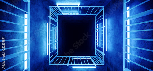 Fototapeta Naklejka Na Ścianę i Meble -  Neon Glowing Sci FI Futuristic Elegant Alien Modern Hi Tech  Purple Pink Blue Rectangle Metal Structure Corridor Tunnel Grunge Concrete Walls Empty Background 3D Rendering