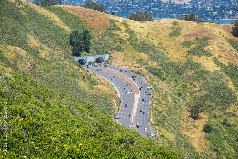 Aerial view of the entrance to Robin Williams tunnel, Marin County, San Francisco bay area, California Aerial view of the entrance to Robin Williams tunnel, Marin County, San Francisco bay area, California