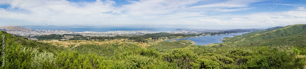 Panoramic view of San Francisco International airport and San Andreas reservoir; San Francisco bay, California